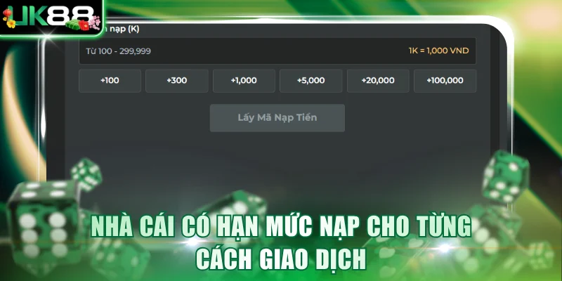 Nhà cái có hạn mức nạp cho từng cách giao dịch